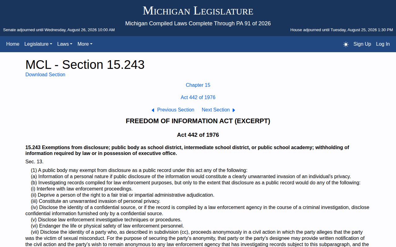 Lake County booking-record FOIA exemption statute page